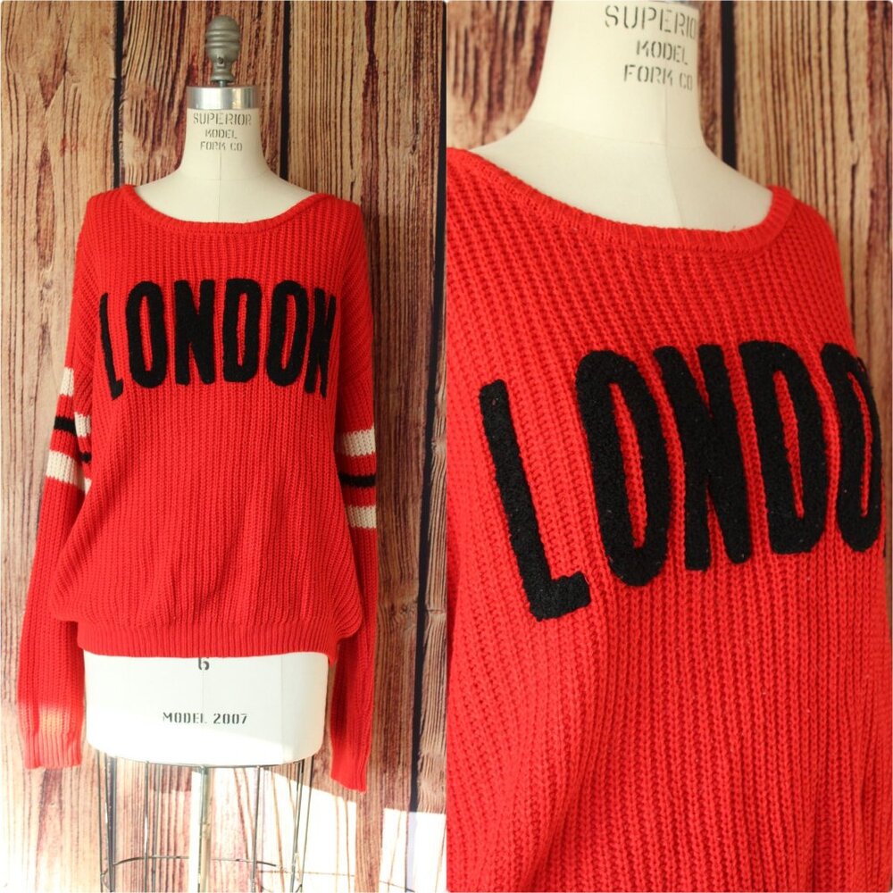 Ultra Flirt Womens Sweater, London, Red and White and Black, Size Medium